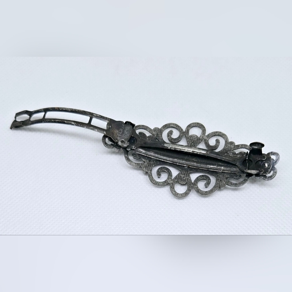 Vintage Dark Silver Filigree Rhinestone Hair Barrette Victorian - Picture 5 of 5